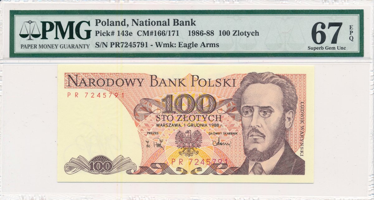 100 zł 1988 rok - seria PR - PMG 67 EPQ
