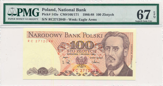 100 zł 1988 rok - seria RC - PMG 67 EPQ